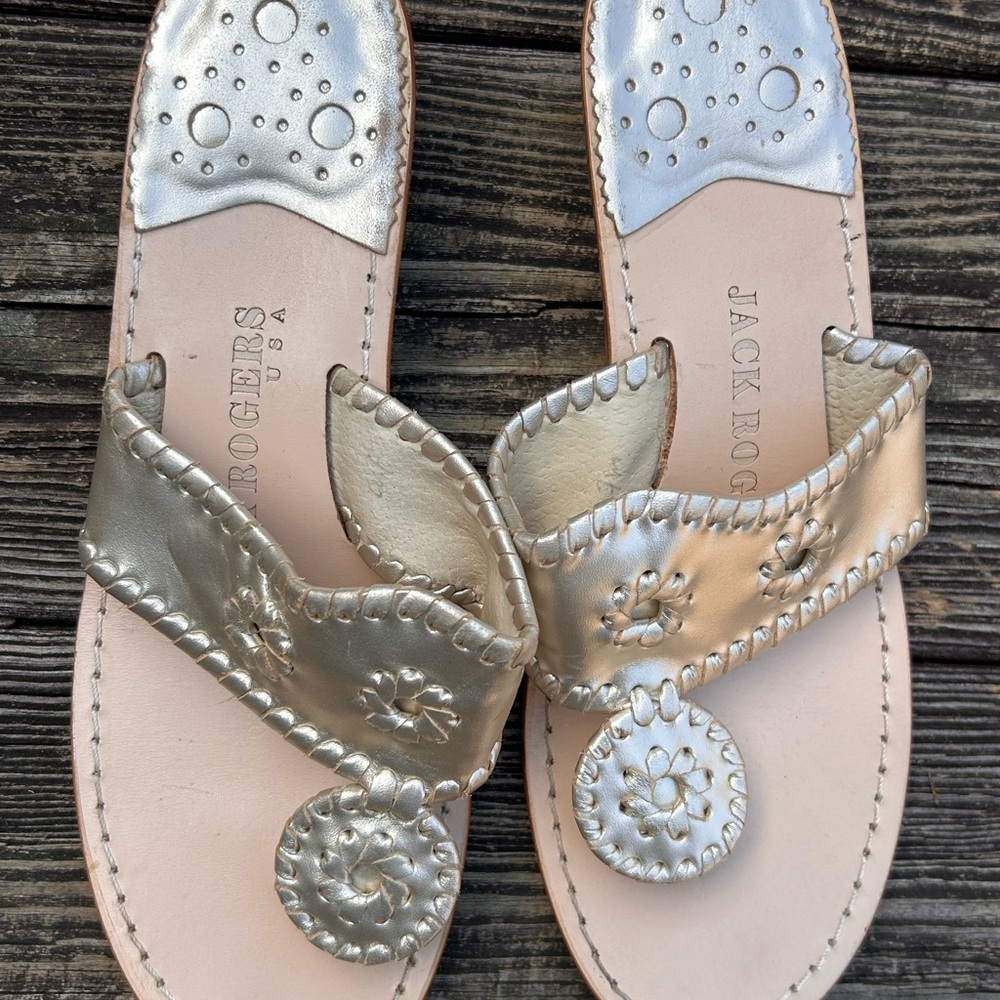 Jack Rogers Metallic gold Sandals Whipstitched Classic Thong Slides size 7 - Picture 3 of 6